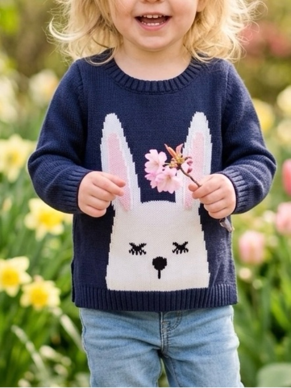 18-24M Old Navy Navy Blue Knit Cotton Sweater White Bunny Tail Graphic Pullover